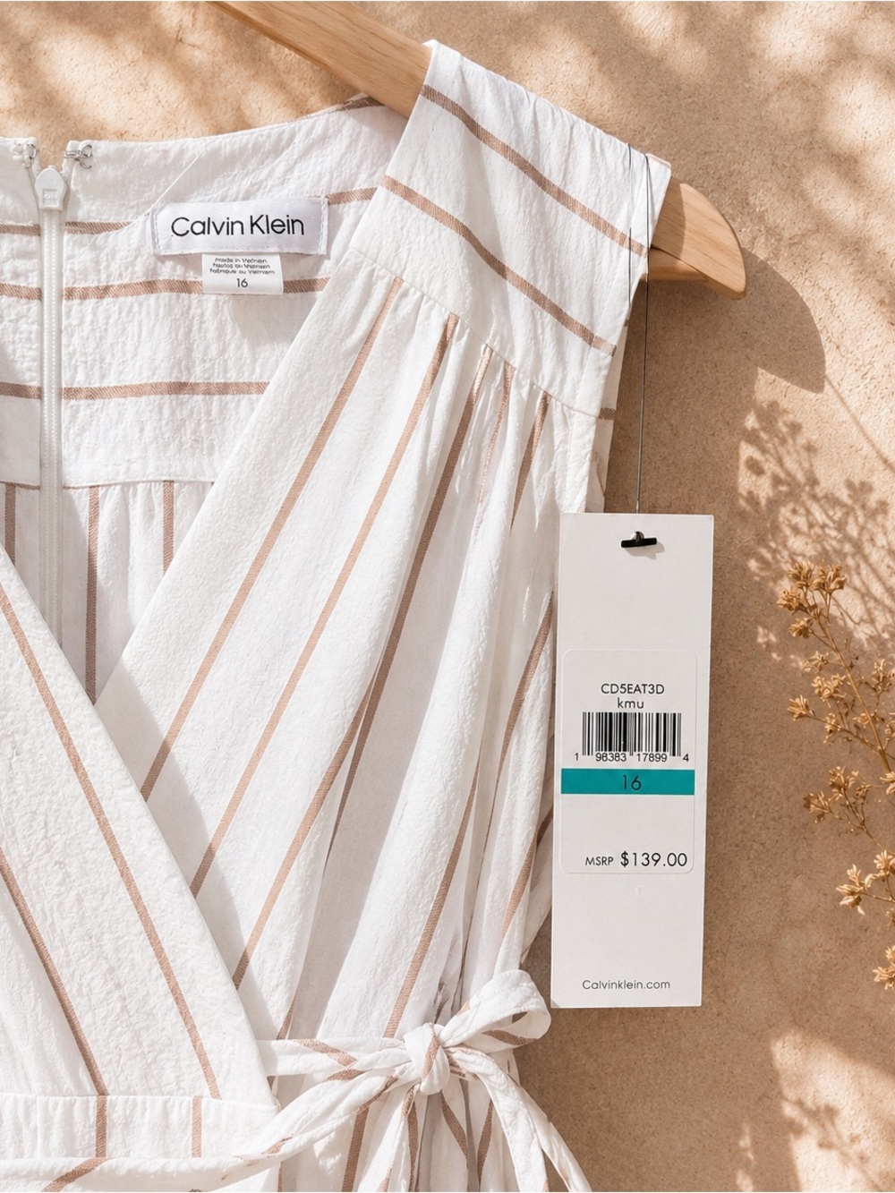 Calvin Klein Cream and White Striped Wrap Midi Dress - Picture 9 of 9